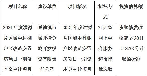 2021年度洪源片區城中村棚戶區改造安置房項目一期資本金審計項目計劃公告