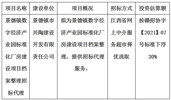 景德鎮數字經濟產業園標準化廠房建設項目檔案整理招標代理計劃公告