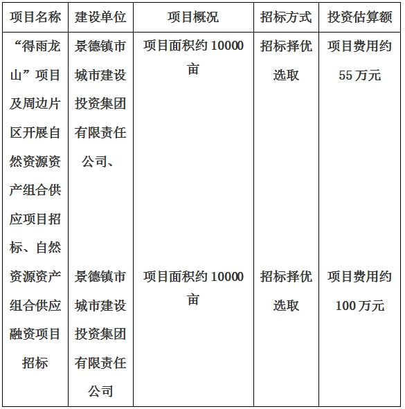 景德鎮(zhèn)市“得雨龍山”項(xiàng)目及周邊片區(qū)開展自然資源資產(chǎn)組合供應(yīng)項(xiàng)目、自然資源資產(chǎn)組合供應(yīng)融資項(xiàng)目招標(biāo)計(jì)劃公告