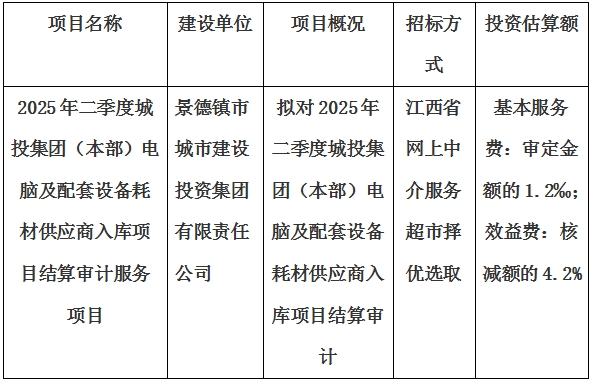 2025年二季度城投集團（本部）電腦及配套設(shè)備耗材供應(yīng)商入庫項目結(jié)算審計服務(wù)項目計劃公告